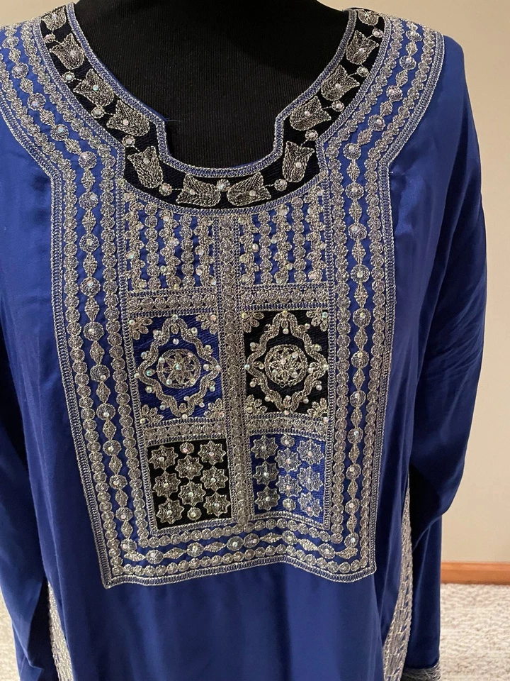 Damas Azul Real Plata Bordado Cerrado Abaya Vestido Largo Hiyab Talla XL 58" Foto 4 de 4