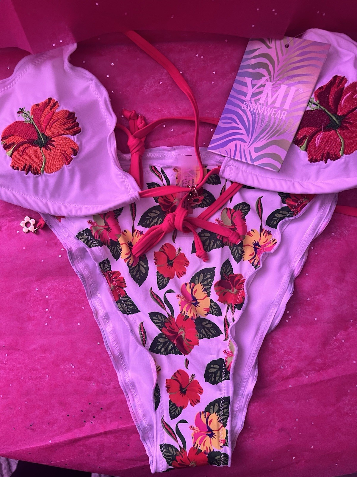 YMI Floral Embroidered Bikini Set M Adjustable Straps Stretch Red Yellow Green