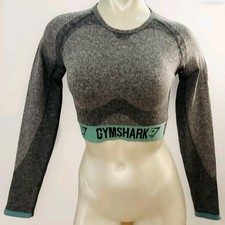 Gymshark Flex Workout Top Womens Small Long Sleeve Crop Gray with Teal Active