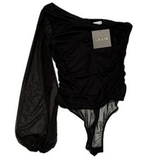 LE LIS NWT Black One-Shoulder Mesh Sleeve Bodysuit Women's  Sz M