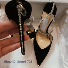 Women High Heels Pointed Toe Stiletto Summer Rhinestone Ankle Strap Sandal Pumps
