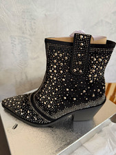 Women s Black Faux Suede Rhinestone Studded Zip Ankle Boots US 8 EU 38 - NEW
