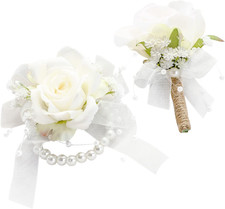 Ivory Rose Wrist Corsage Bracelet Wristlet Band and Men Boutonniere Set for Whit