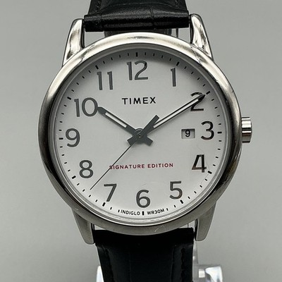 Timex Mens Watch 38mm Silver Tone Black Leather Date Indiglo Signature Edition