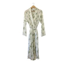 Vintage Laura Ashley Floral Cotton Wrap Robe Medium Cream Lace Trim Pockets