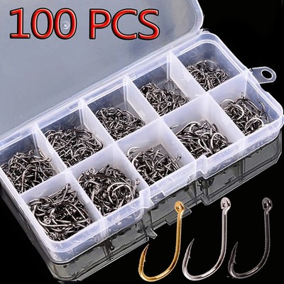 Fishing Hooks Set 100Pcs Box 10 Series High Carbon Steel Single Circle Fishing