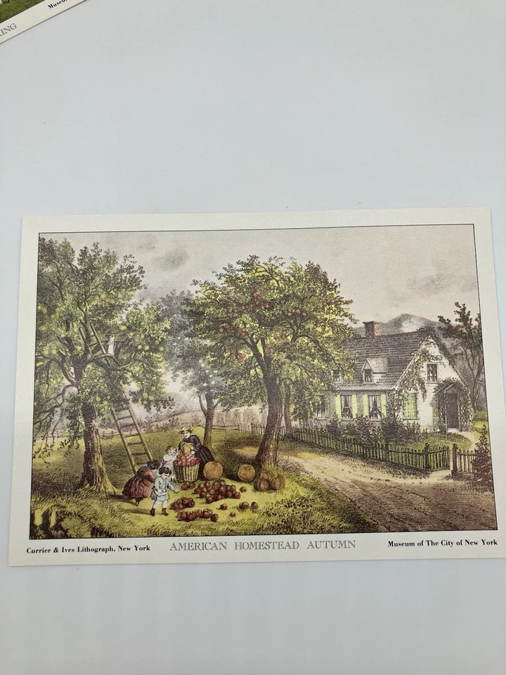 Litografías de colección Currier & Ives coloreadas a mano impresiones American Homestead 4 estaciones Foto 4 de 4