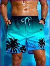 Summer Vacation Men's Palm Tree Print Drawstring Waist Board Shorts Fashion Swim