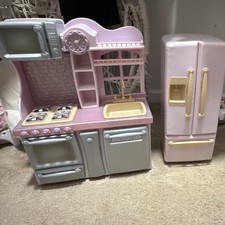 Pink Plastic Play Kitchen Set w/ Refrigerator, Stove/Oven, Sink, Microwave