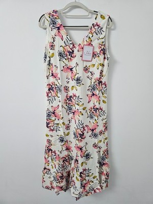 Julipa Midikleid Damen UK14 Multi Blumen Leinenmischung VNeck Ärmellos