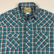 Vintage Wrangler Turquoise Plaid Pearl Snap Short Sleeve Western Shirt XL