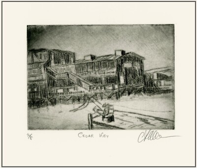 OLD CEDAR KEY FLORIDA Pier Fishing Dock FISHERMAN Original ETCHING Signed