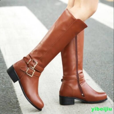 Womens Chunky Low Heels Knee High Buckle Horse Riding Boots
