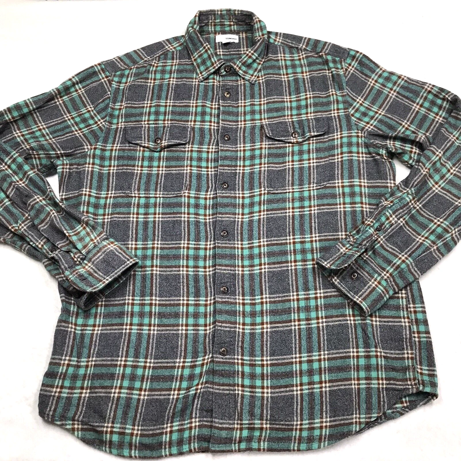 SONOMA Flannel Shirt Men L Gray Brown Blanket Plaid Grunge Outdoor Gorp Hiking