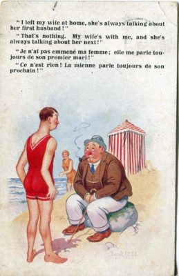 Strand am Meer - Hütte Männer Mann Frau Witz Comic Postkarte verschickt 1905? Belgien