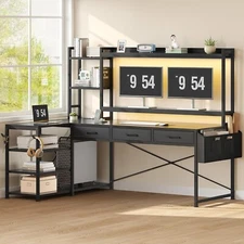 55" L Shaped Gaming Desk, Corner Computer Desk with LED Lights and Monitor Stand