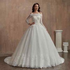 Luxury White Wedding Dresses Off Shoulder Long Sleeved Lace Beaded Bridal Gowns