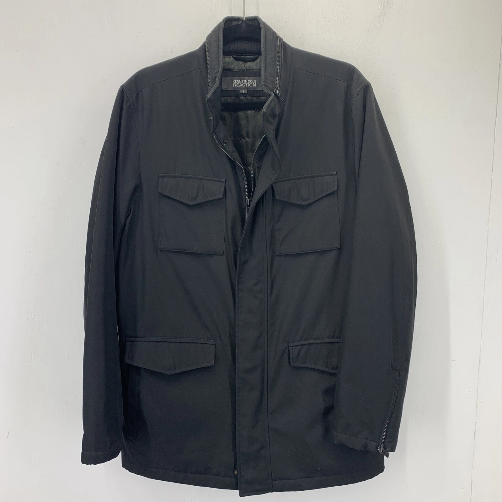 Kenneth Cole Reaction Mens Small Zip Up Jacket Coat Overcoat Black Lined Warm