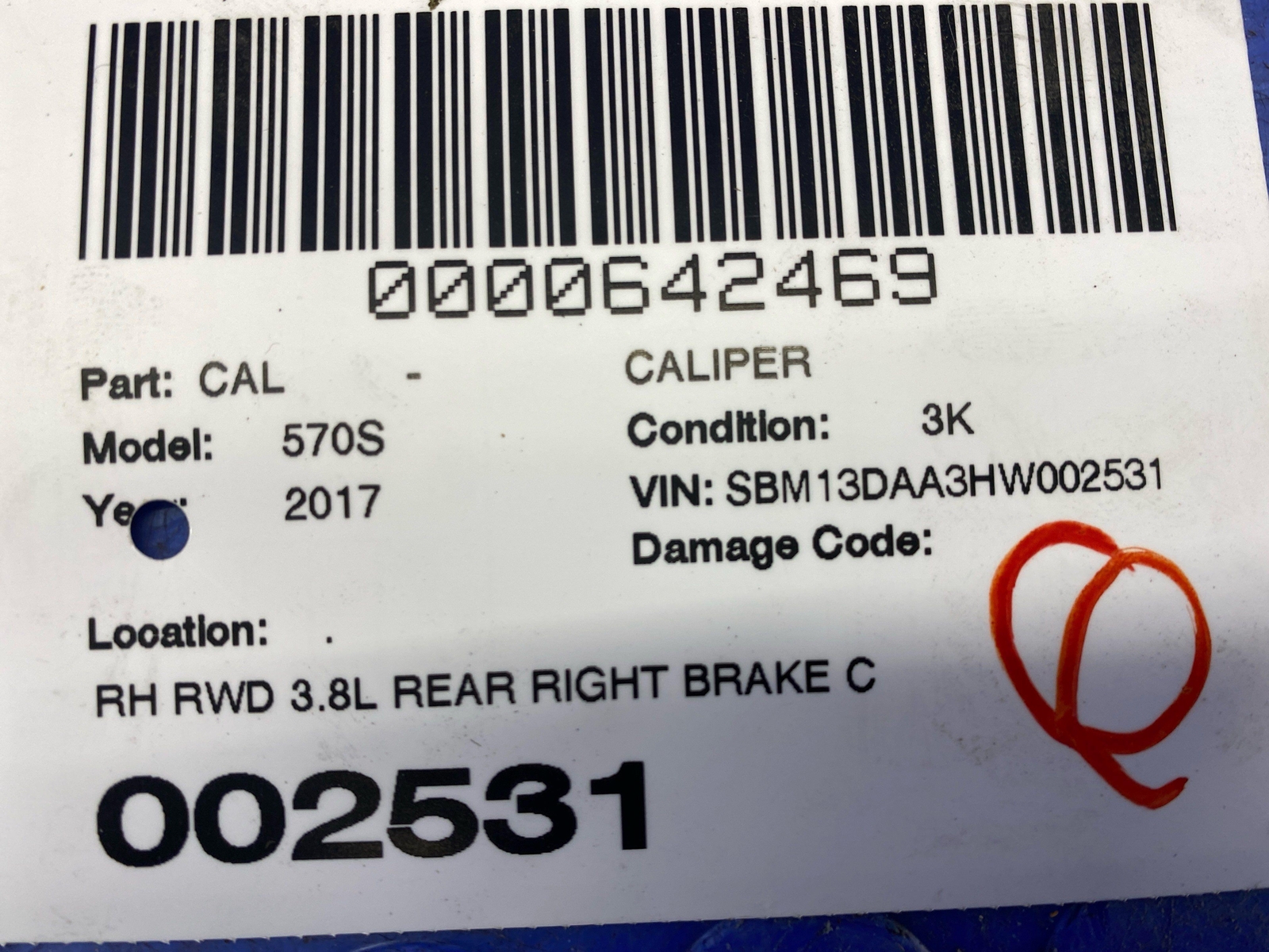 2016-2021 MCLAREN 570S RWD 3.8L REAR RIGHT CARBON CERAMIC BRAKE CALIPER ORANGE