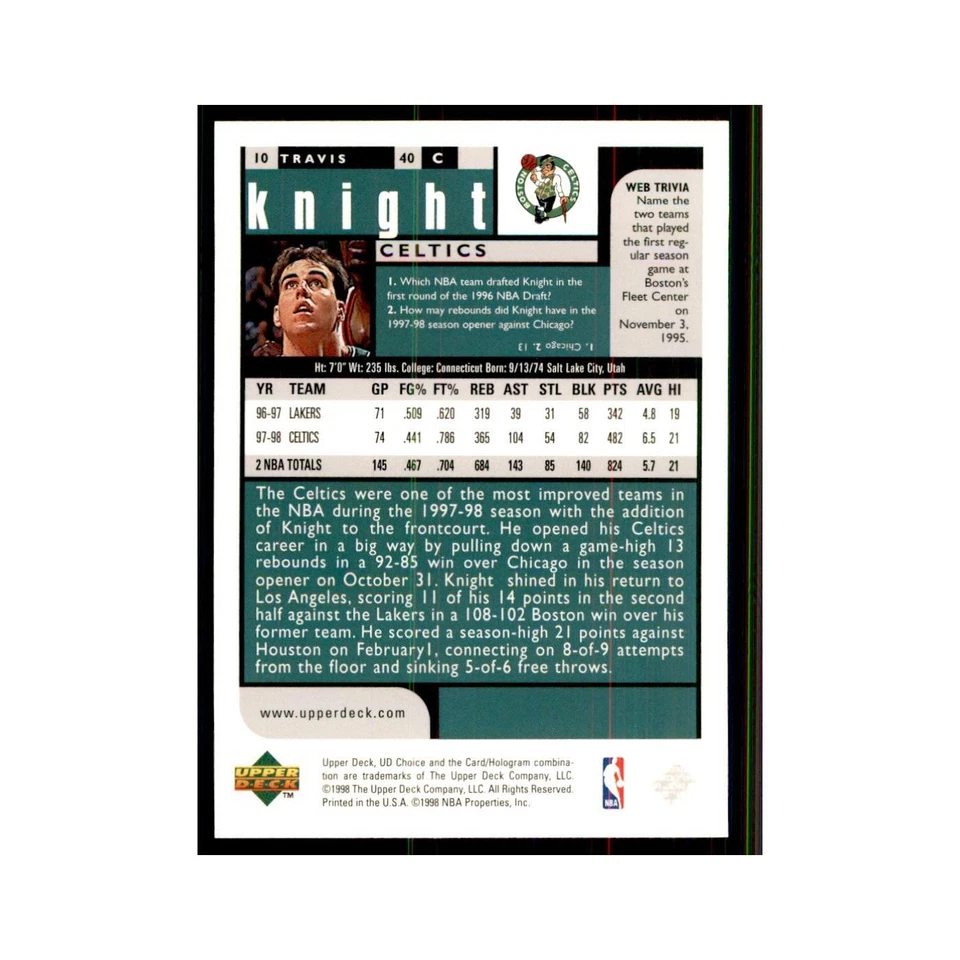 1998 UD Choice Travis Knight Basketball Cards #10 - Image 2 of 3