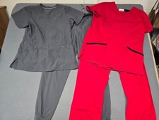 SCRUBS 2 Pairs of Women's Scrub Outfits Tops Pants Both Sz Small RED GRAY