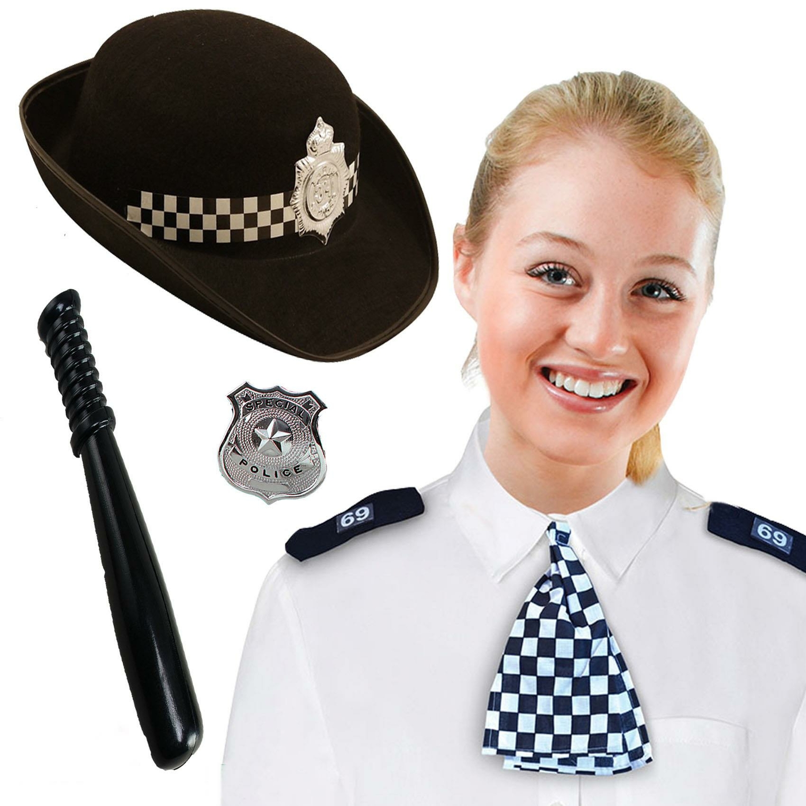 Police Woman Fancy Dress Costume Outfit Hat Badge Truncheon Scarf