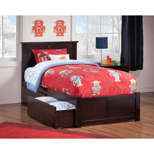 Madison Espresso Twin Solid Wood Storage Platform Bed with Flat Panel Foot Board