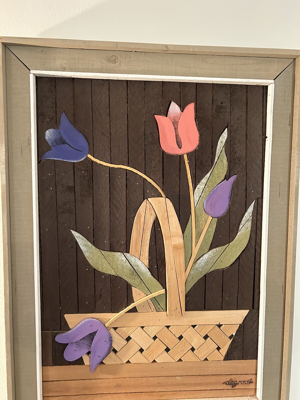 Degroot Wooden Lathe Art Rustic Vtg Tulips In Basket Large 34”x 25.25