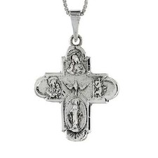 Sterling Silver 4-Way Crucifix Cross Pendant w/ Embossed Holy Images, Box Chain