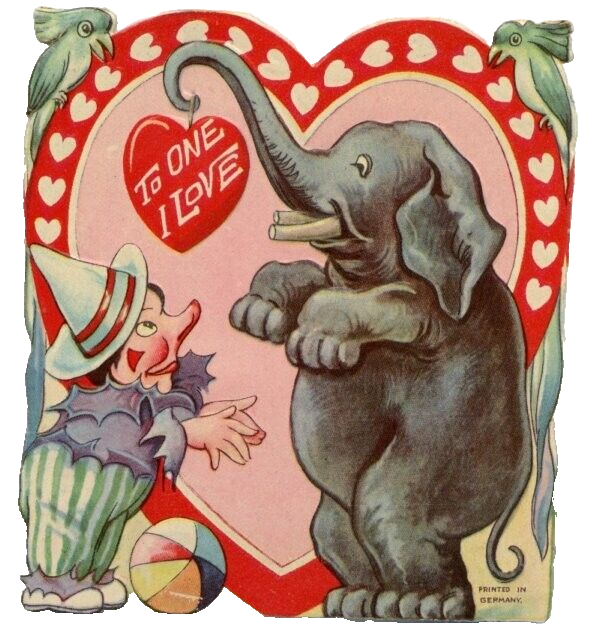 Vtg Valentine Card Circus Clown Elephant Heart To One I Love c1930