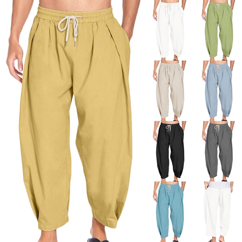 Mens 3/4 Loose Beach Summer Harem Pants Casual Baggy Solid
