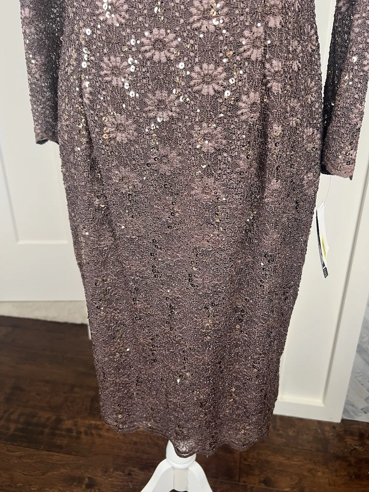 Nuevo con etiquetas Vestido de Cóctel Alex Evenings Marrón Bronce Encaje Lentejuelas con Chaqueta Talla 12 Foto 4 de 4