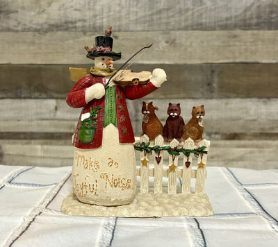 Deb Strain Make a Joyful Noise Snowman (playing Violin w/ Cats on a fence)