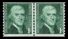 US Scott # 1299, Thomas Jefferson, Coil of (2) 1968 1¢ Stamps, MNH