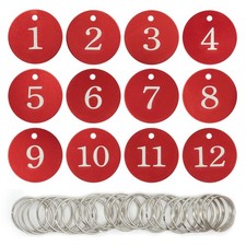 25 Pcs Red Round Aluminum Engraved Number Tags, 1-25, Key Tags, ID Tags, Rings
