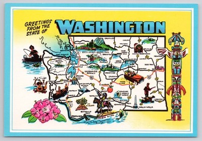 Greetings From State Of Washington State Map Totem Pole Rhododendron Postcard