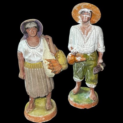Vintage Mexican Clay Folk Art Figures Panduro Style Man & Woman Market Set Of 2