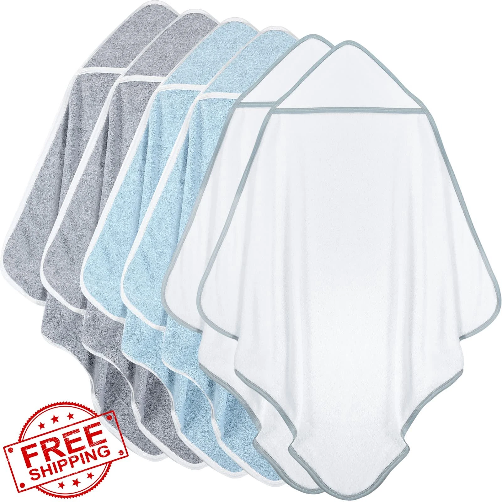 Chumia 6 Pack Baby Hooded Towels White Gray Blue