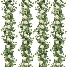 4Pcs(26 Ft) Artificial Eucalyptus & White Rose Flower Garland, Faux Rose Vine...