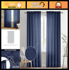 Navy Semi-Sheer Curtains 84" Long, Linen Look Rod Pocket Drapes, Light Filtering