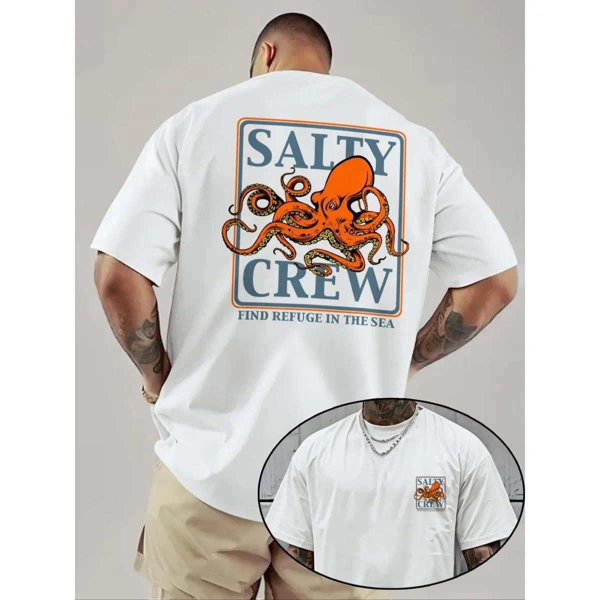 Men's Octopus Print Round Neck Tee, Fashion Casual Short Sleeve T-shirt 