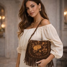 Isabella Fiore Brown Suede Embroidered Floral Fringe Boho Shoulder Bag  Rare Y2K