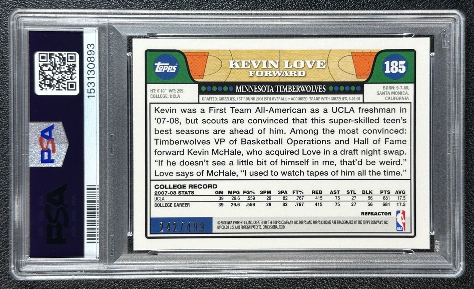KEVIN LOVE PSA 9 2008-09 TOPPS CHROME #185 ROOKIE ORANGE REFRACTOR RC 242/499 view 2