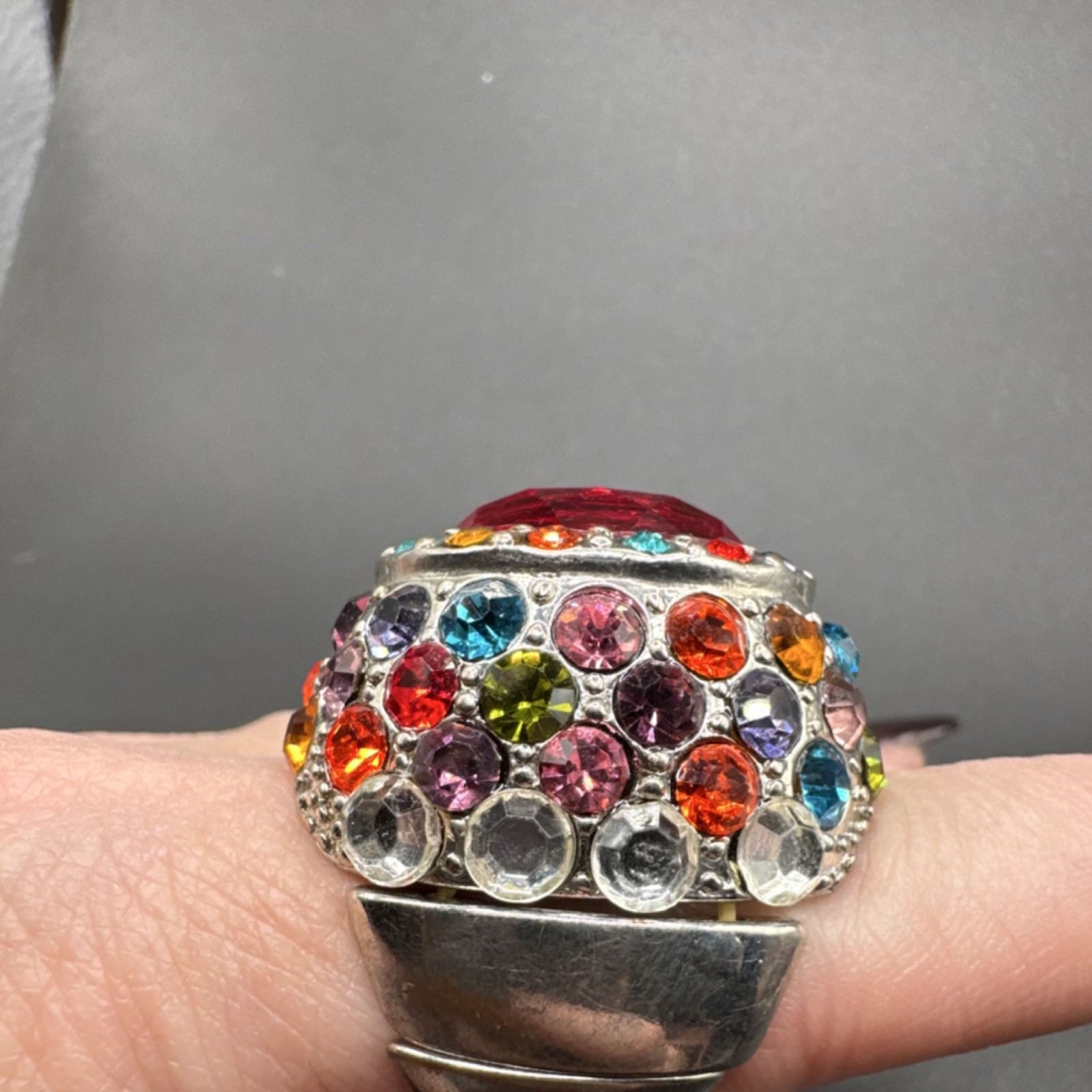Multicolor Adjustable Cocktail Ring, Red Oval Sto… - image 2