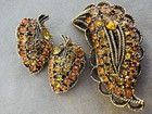 Vintage MCM Rhinestone Brooch Earrings Set Amber Topaz Gold Tone — photo 2