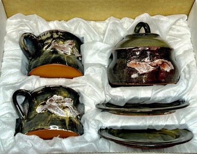 Handmade Studio Pottery Tea Set | Green Drip Glaze Leaf Motif | Artisan Ceramic