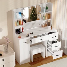 Large Vanity Set with 10 LED Light Mirror Makeup Dressing Table 5 Drawers Stool