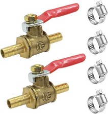 Hooshing 2PCS 1/4" Hose Barb Ball Valve Brass Shut off with Clamps Pipe Tube Fit