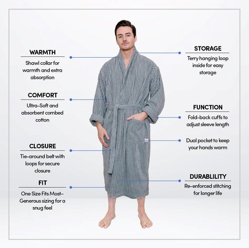 Luxury Bathrobe Men Women, Terry Cloth / Towelling Bath Robe 100% Combed Cotton - Picture 42 of 53