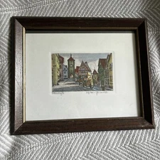 Rothenburg Germany Original ETCHING signed ERNST von GEISSENDORFER 3x5 c.1930-50